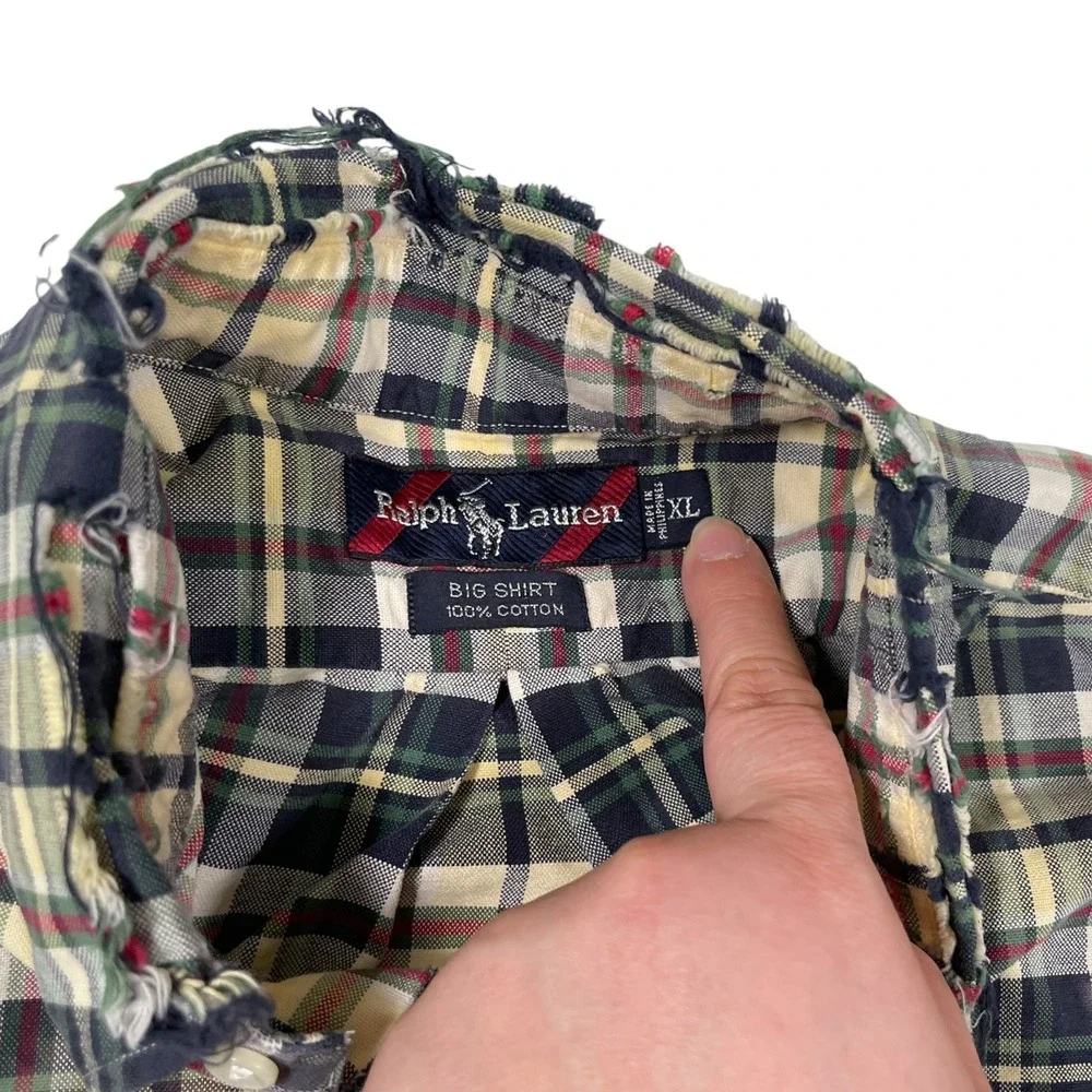 Vintage Polo Ralph Lauren XL Plaid‎ Button Down Big Shirt Distressed Thrashed